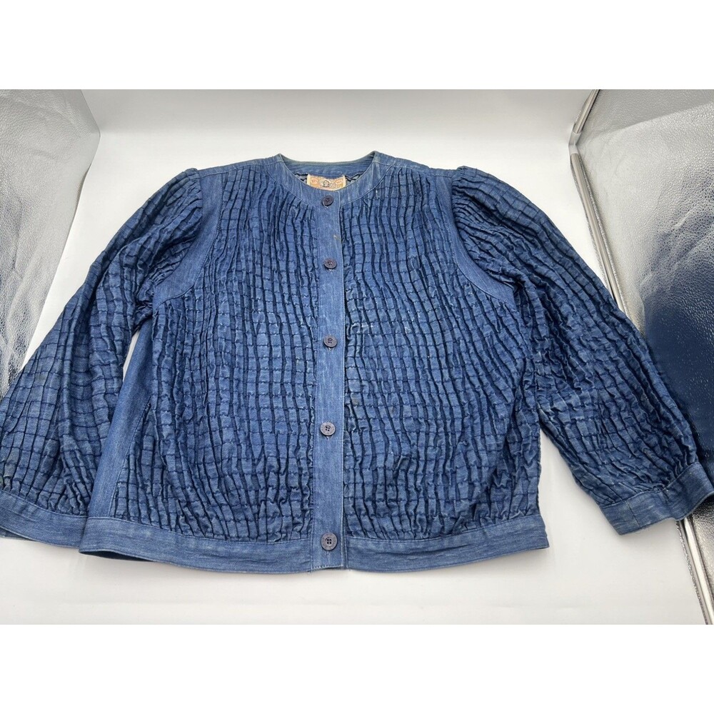 Vintage 90s Gene Ewing Bis Blue Denim Jacket  Smocked Ruched Oversized Size 8-M